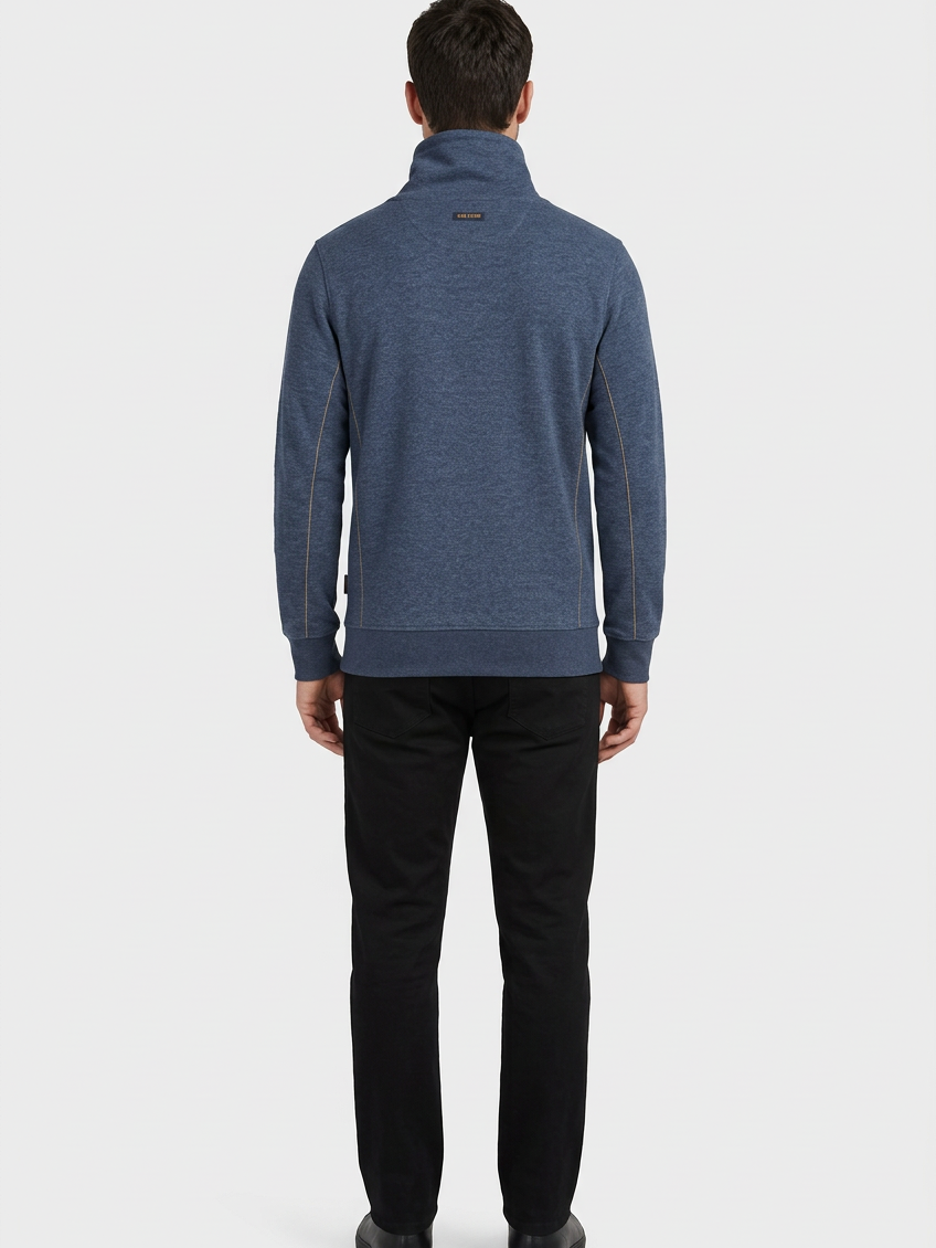 Malvik Navy sweater on model, back view