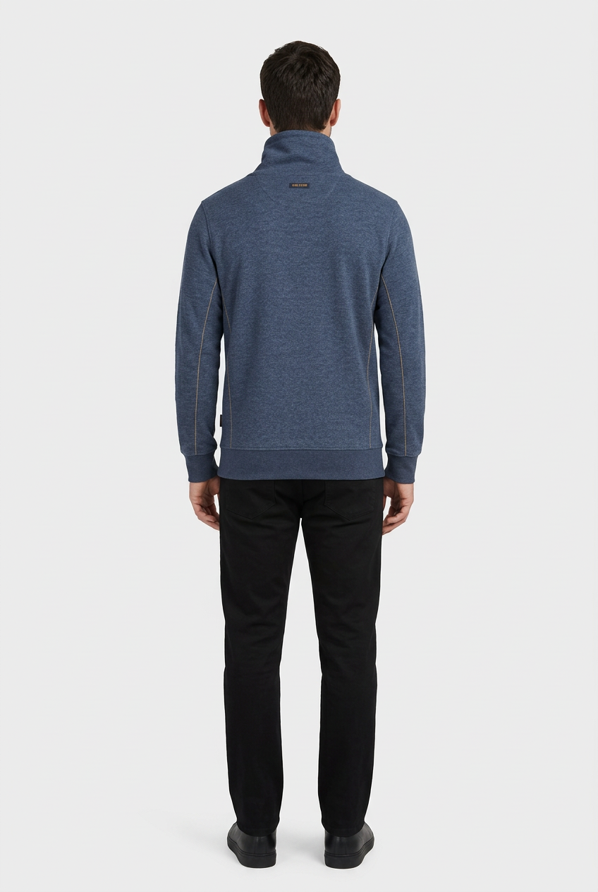 Malvik Navy sweater on model, back view