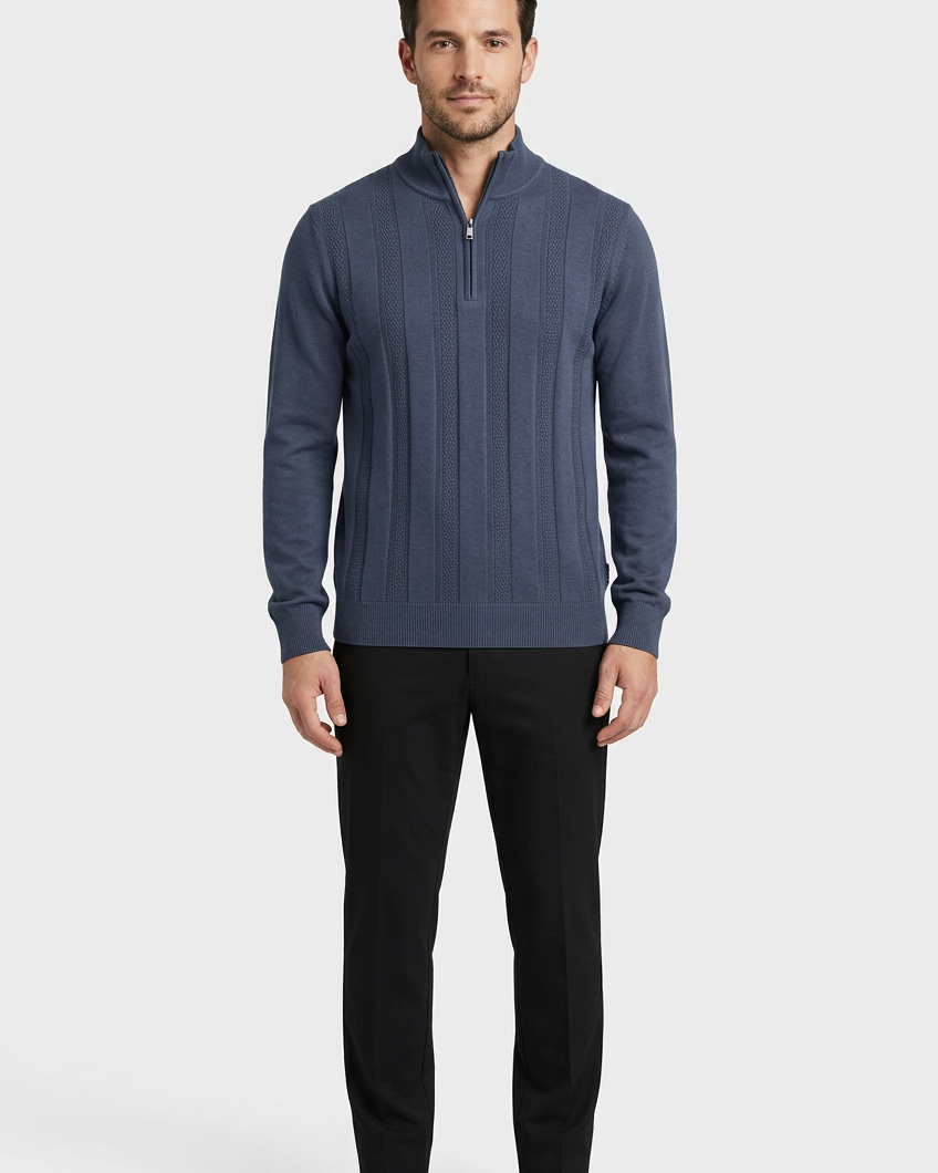 Mist Navy pullover on model, front view