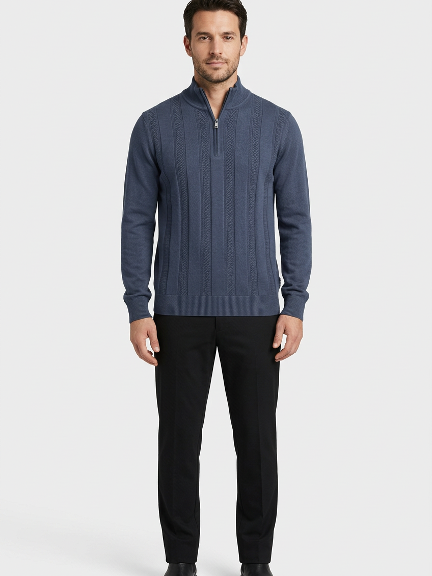 Mist Navy pullover on model, front view
