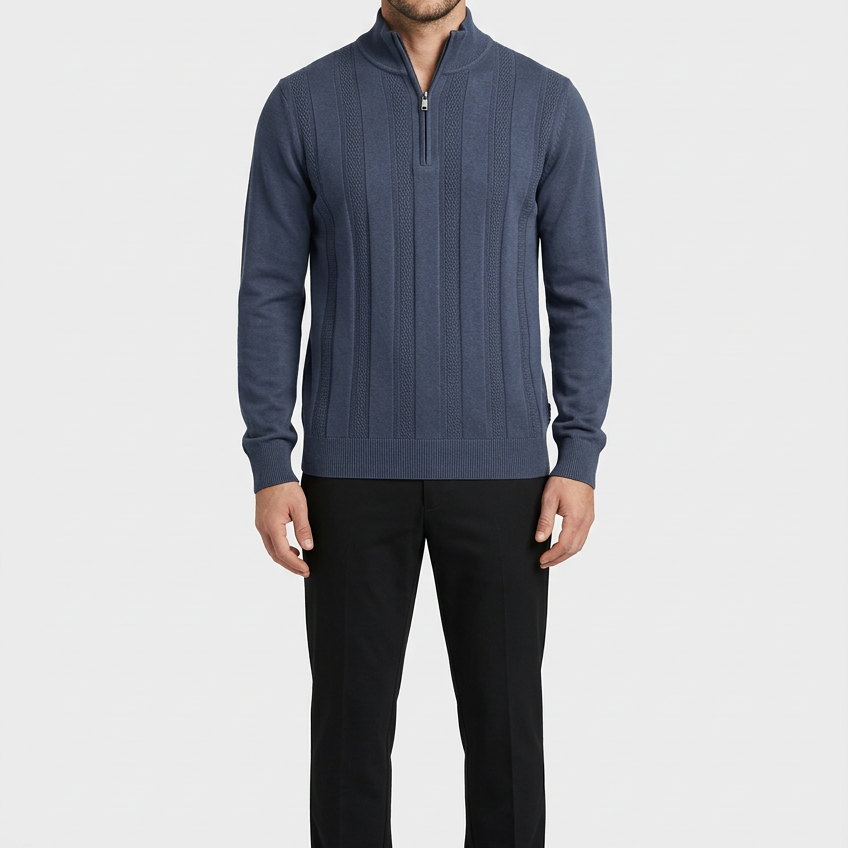 Mist Navy pullover on model, front view