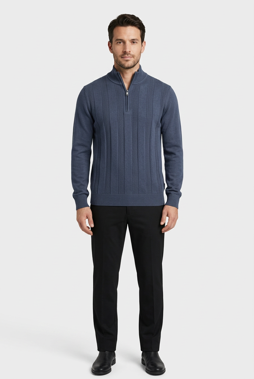 Mist Navy pullover on model, front view