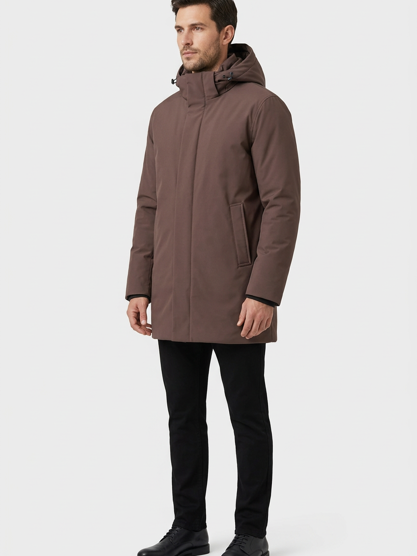 Hudson Brown winter jacket on model, side view
