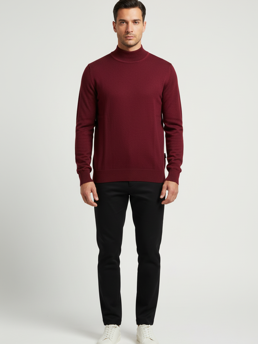 Male model wearing the Wam Denim Lux dark-red mock-neck knit sweater, front view