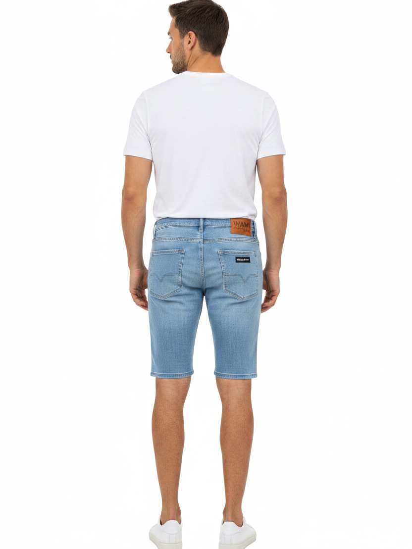 Back view - Yevan Light Blue Denim Shorts on model