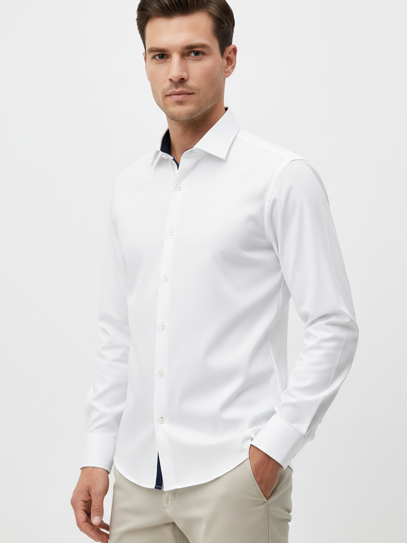 Wam Denim Jenvor White Long Sleeve Shirt – three-quarter view on model