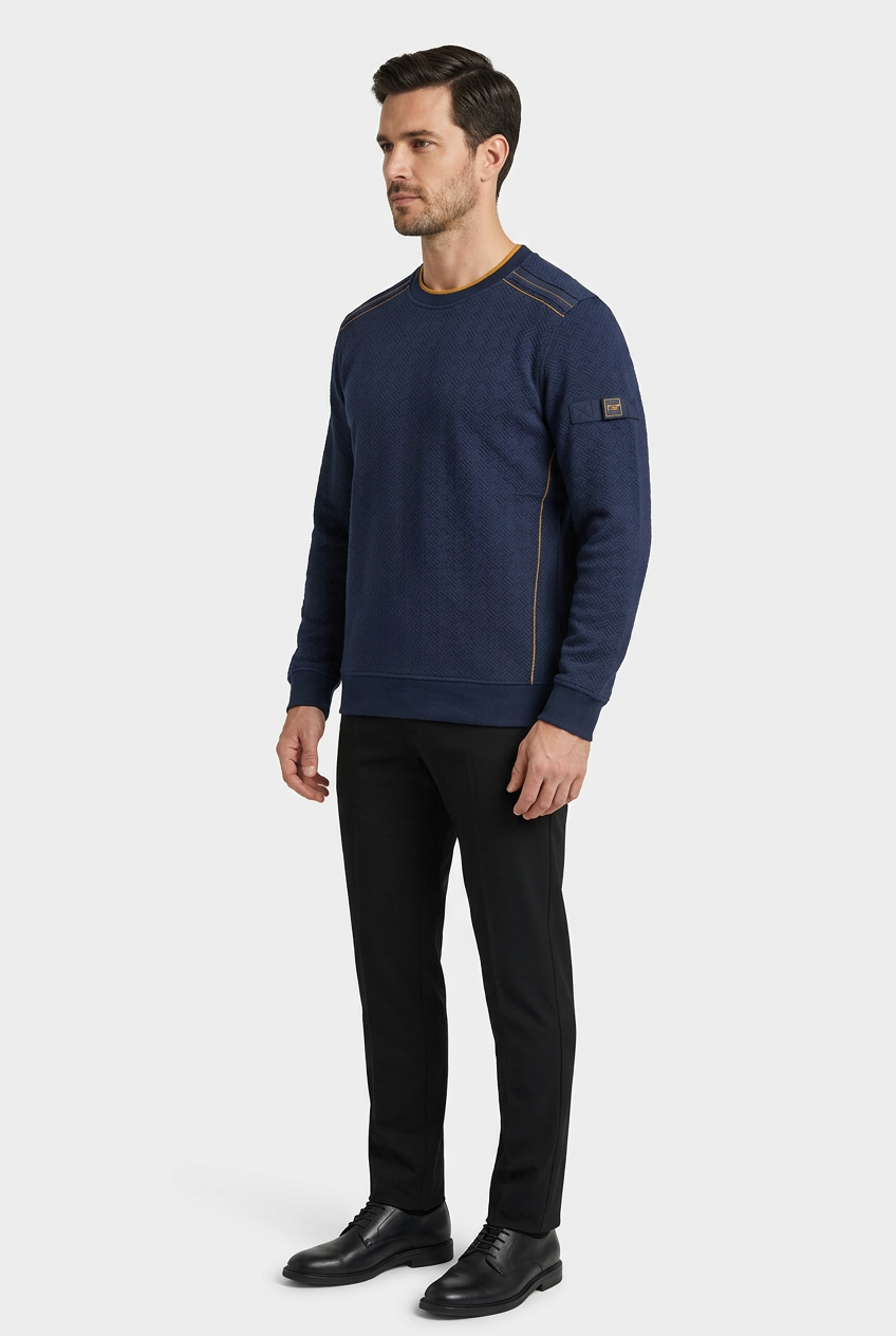 Thuron Navy sweater on model, side view