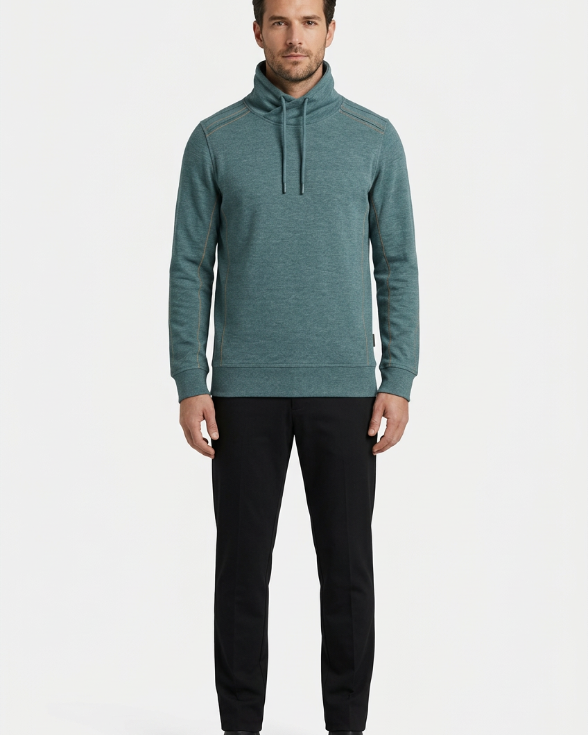 Malvik Petrol sweater on model, front view