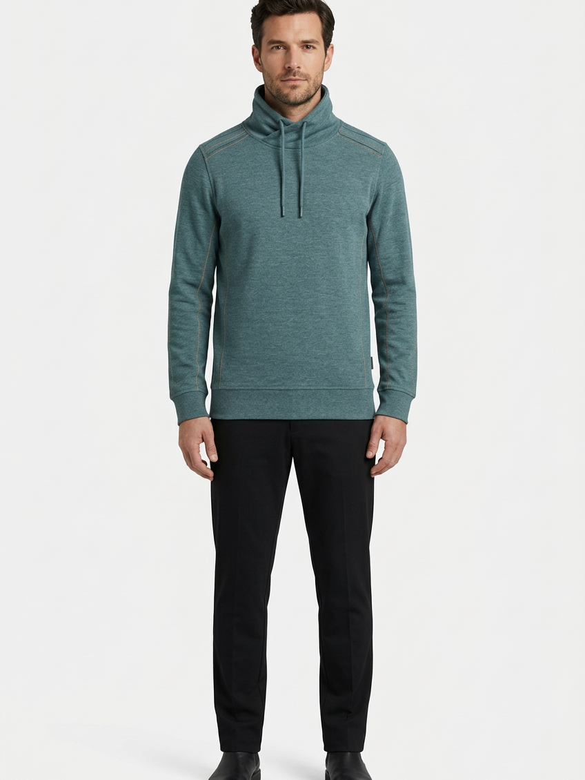 Malvik Petrol sweater on model, front view