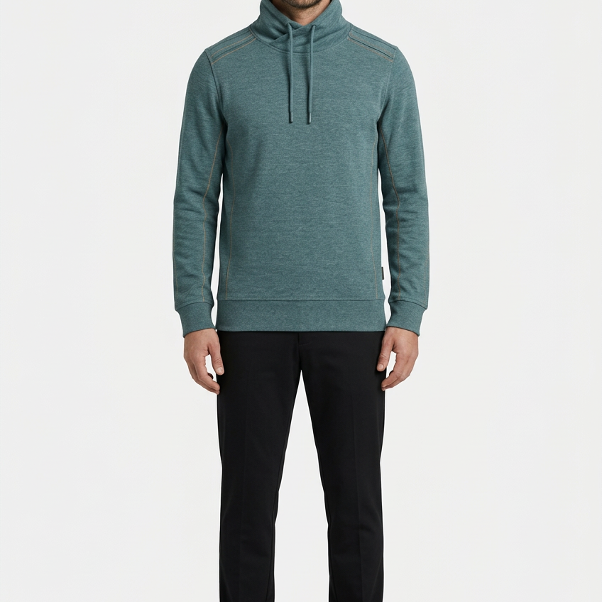 Malvik Petrol sweater on model, front view
