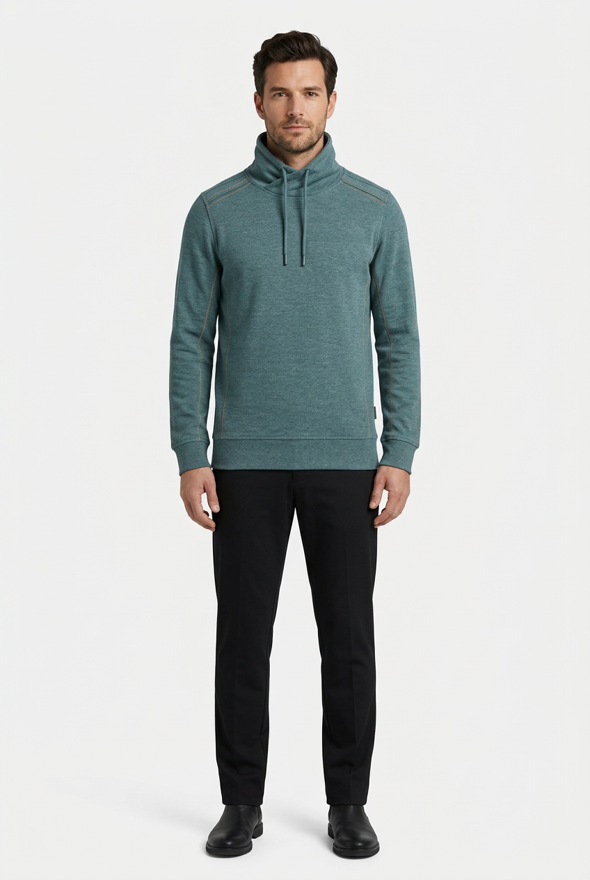 Malvik Petrol sweater on model, front view