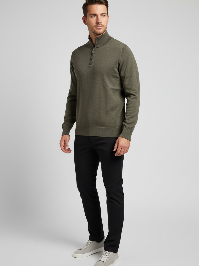 Male model wearing the Shrap khaki pullover in a three-quarter view