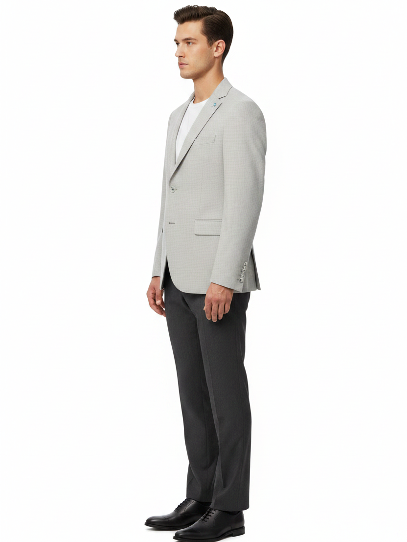 Side profile - light grey micro-check blazer on model