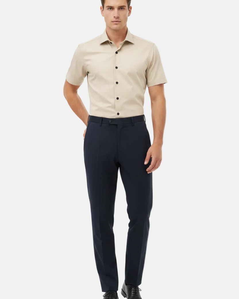Wam Denim Brylor Beige Short Sleeve Shirt – model front view, tucked in