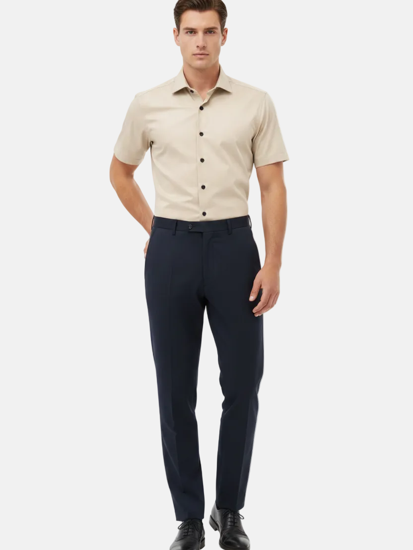 Wam Denim Brylor Beige Short Sleeve Shirt – model front view, tucked in