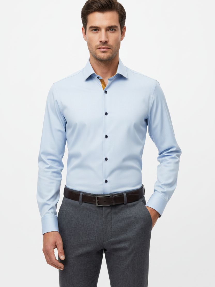 Wam Denim Ordin Light Blue Long Sleeve Shirt – model front view, tucked in