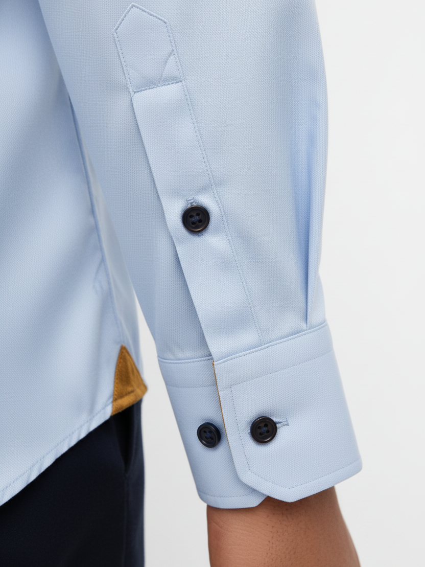 Wam Denim Ordin Light Blue Shirt – long sleeve cuff with mustard gold lining and navy button