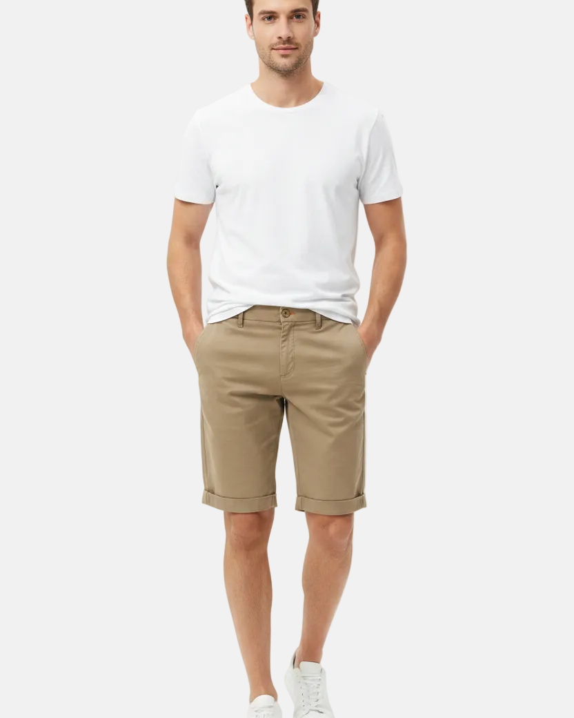 Wam Denim Kelden Dark Beige Chino Shorts – model front view with size label