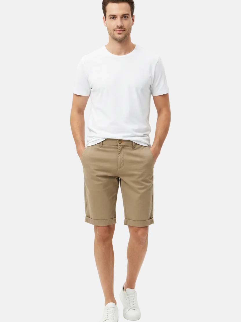 Wam Denim Kelden Dark Beige Chino Shorts – model front view with size label