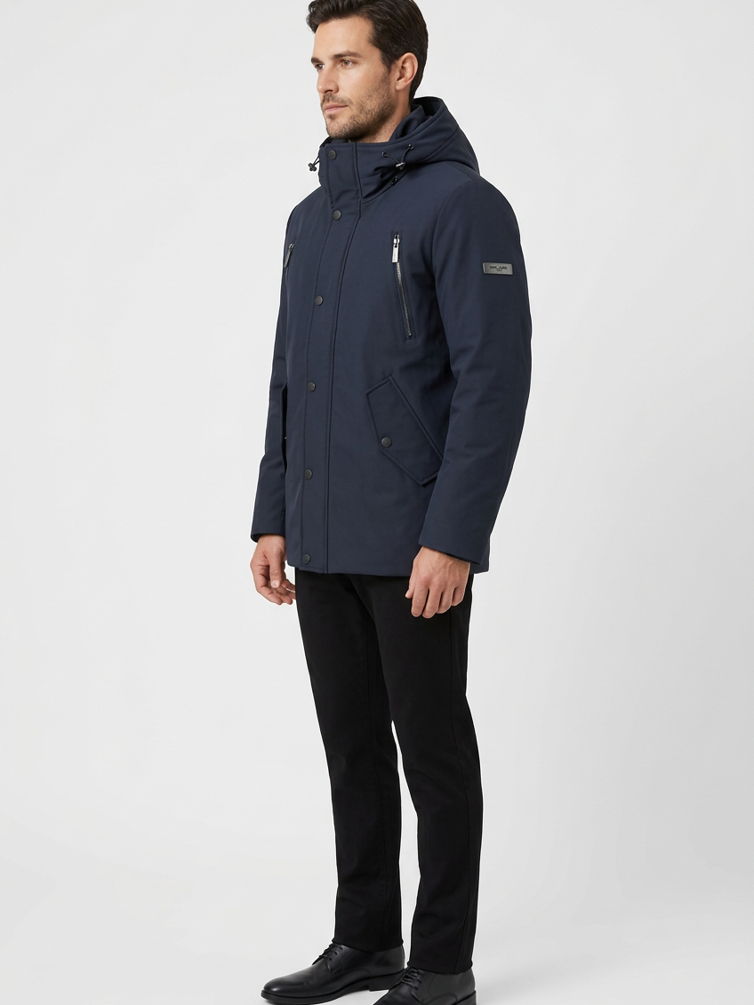Granite Navy winter jacket on model, side view