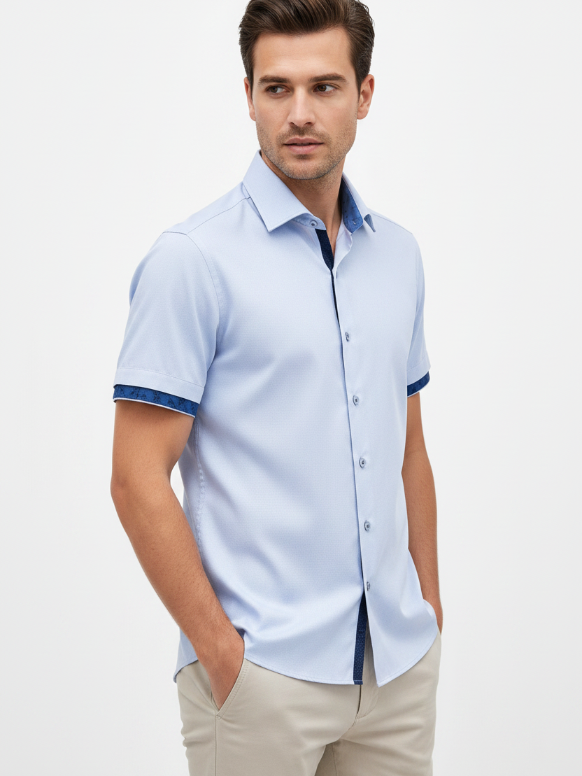 Wam Denim Seldor Blue Short Sleeve Shirt – three-quarter view on model, casual style