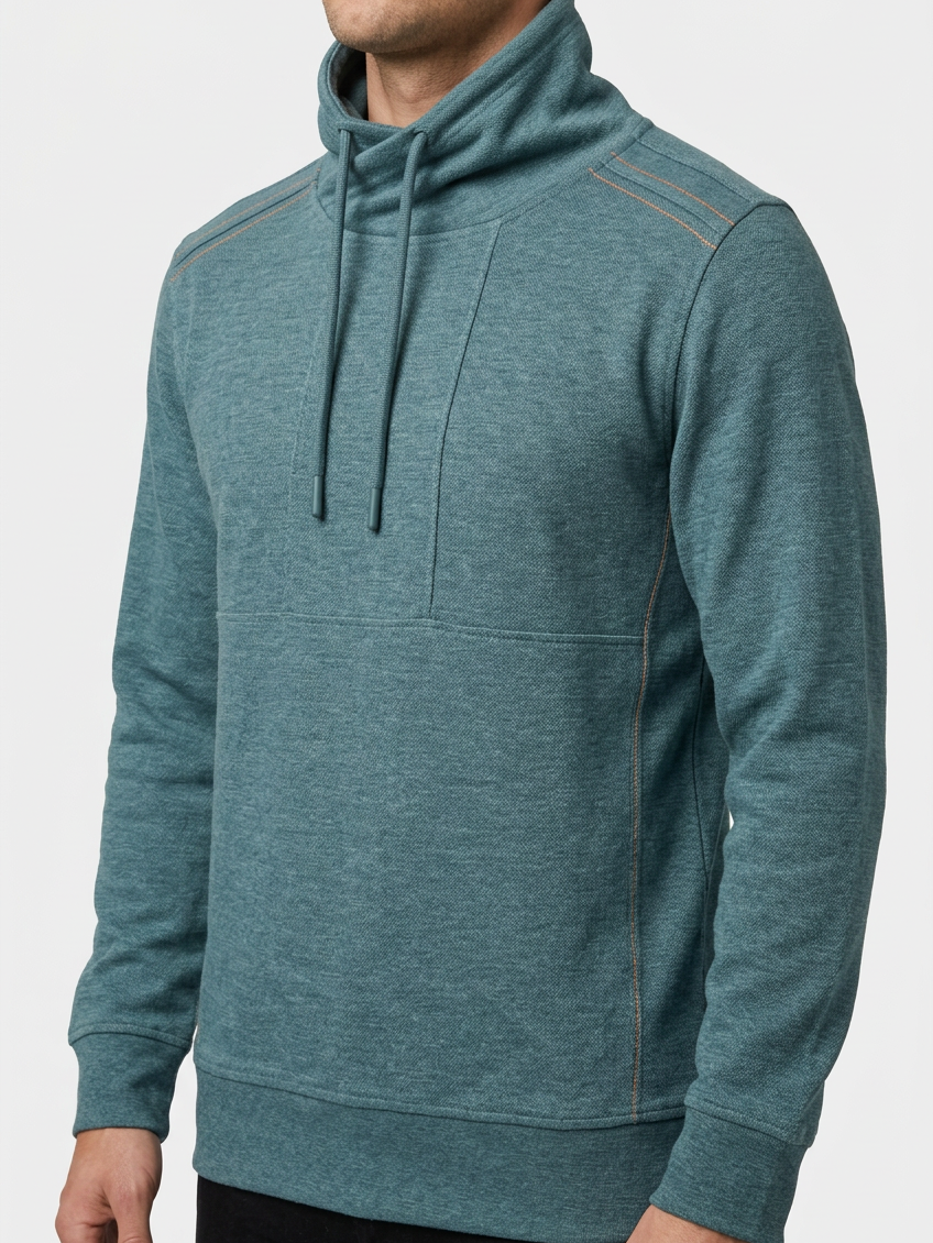 Malvik Petrol sweater collar and stitching detail on model