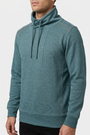 Malvik Petrol sweater collar and stitching detail on model