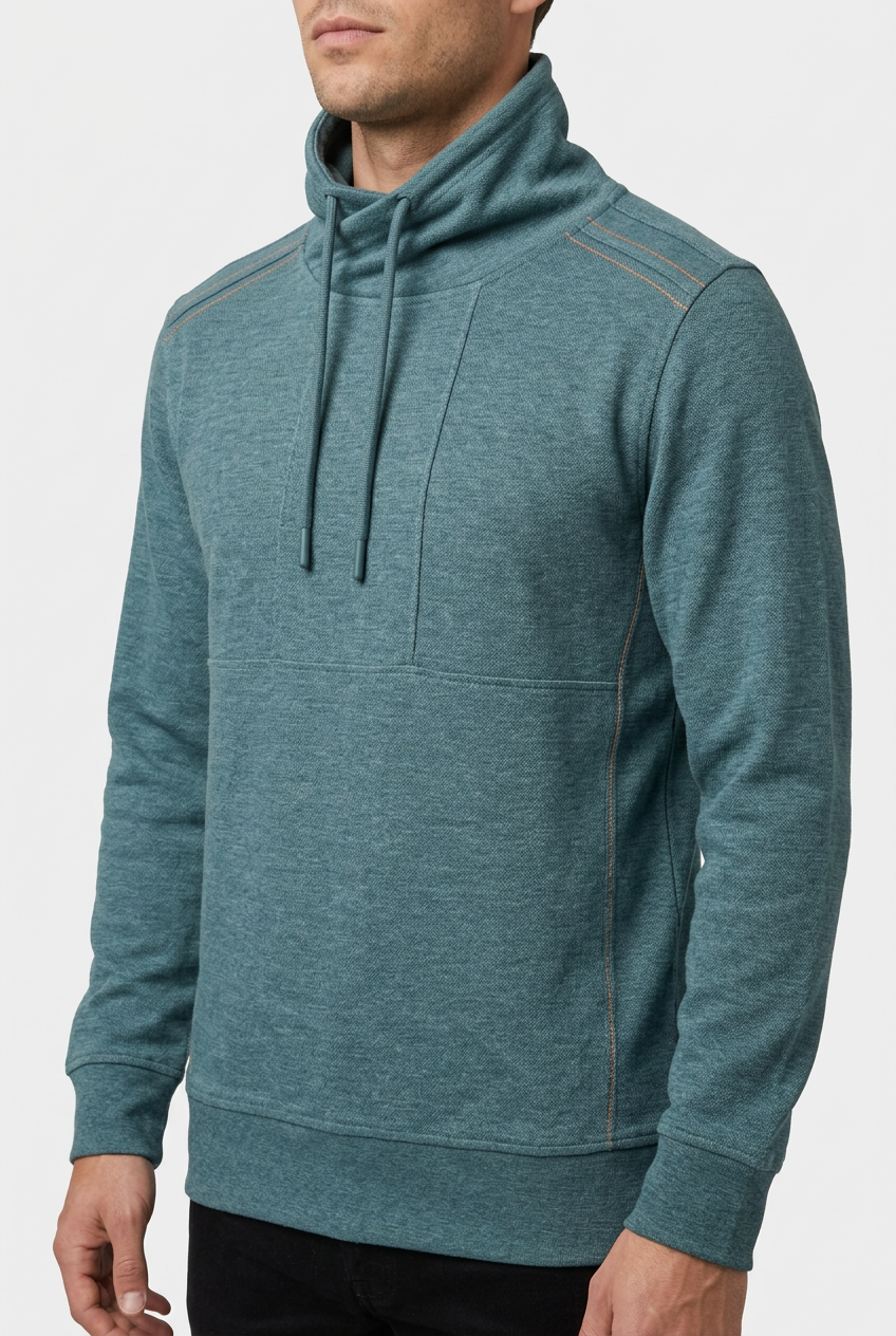 Malvik Petrol sweater collar and stitching detail on model