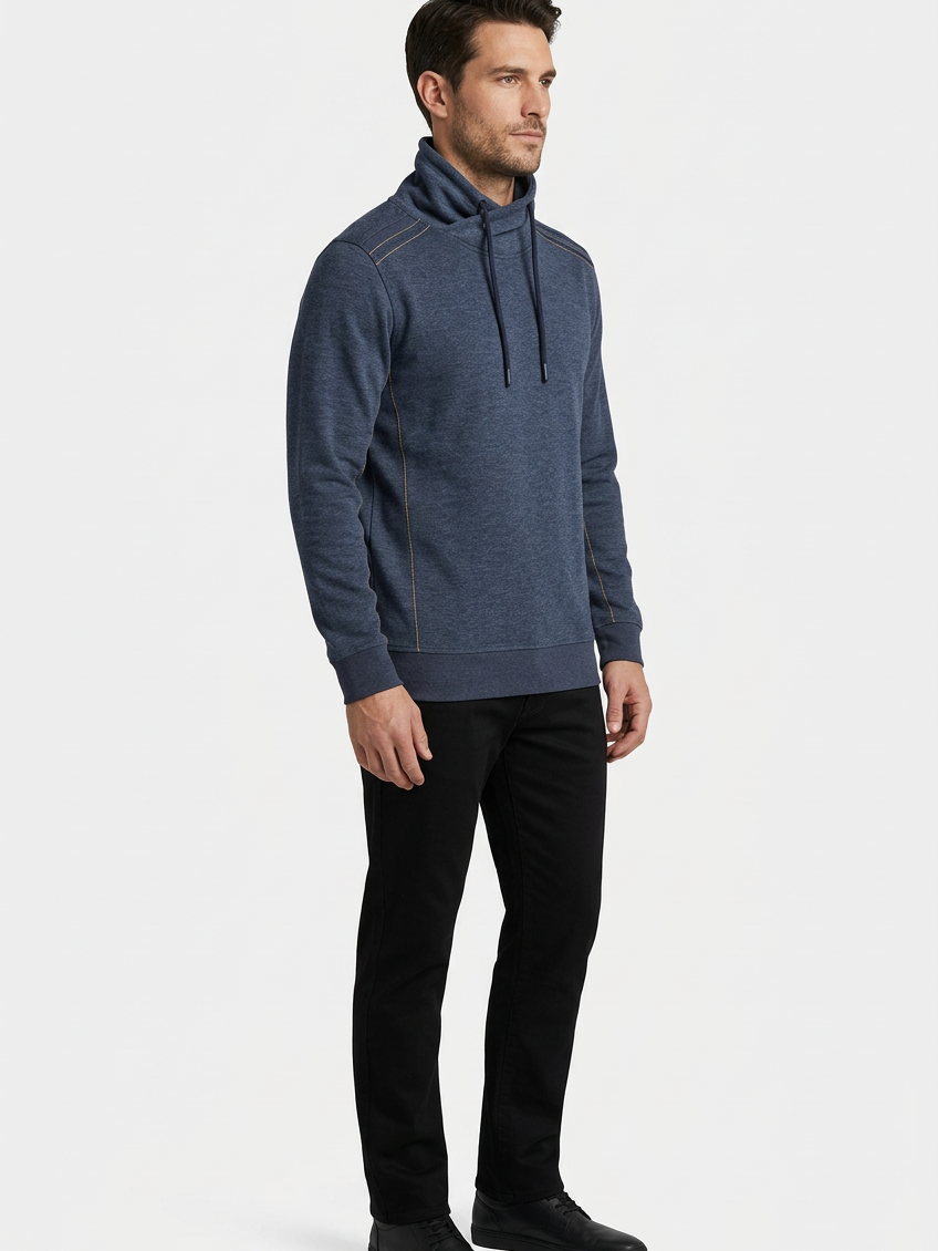 Malvik Navy sweater on model, side view