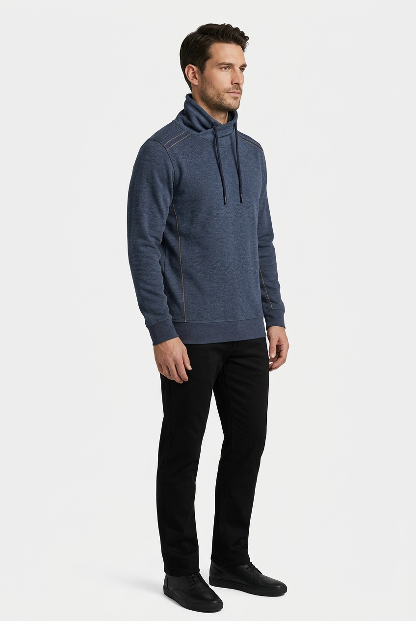 Malvik Navy sweater on model, side view
