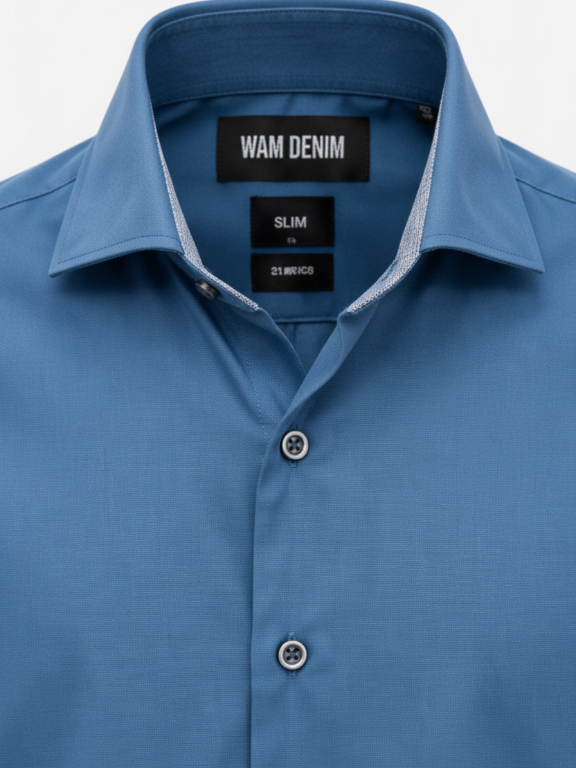 Wam Denim Vuric Petrol Shirt – spread collar and petrol button close-up