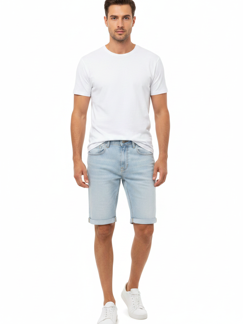 Front view - Yevan Light Blue Denim Shorts on model