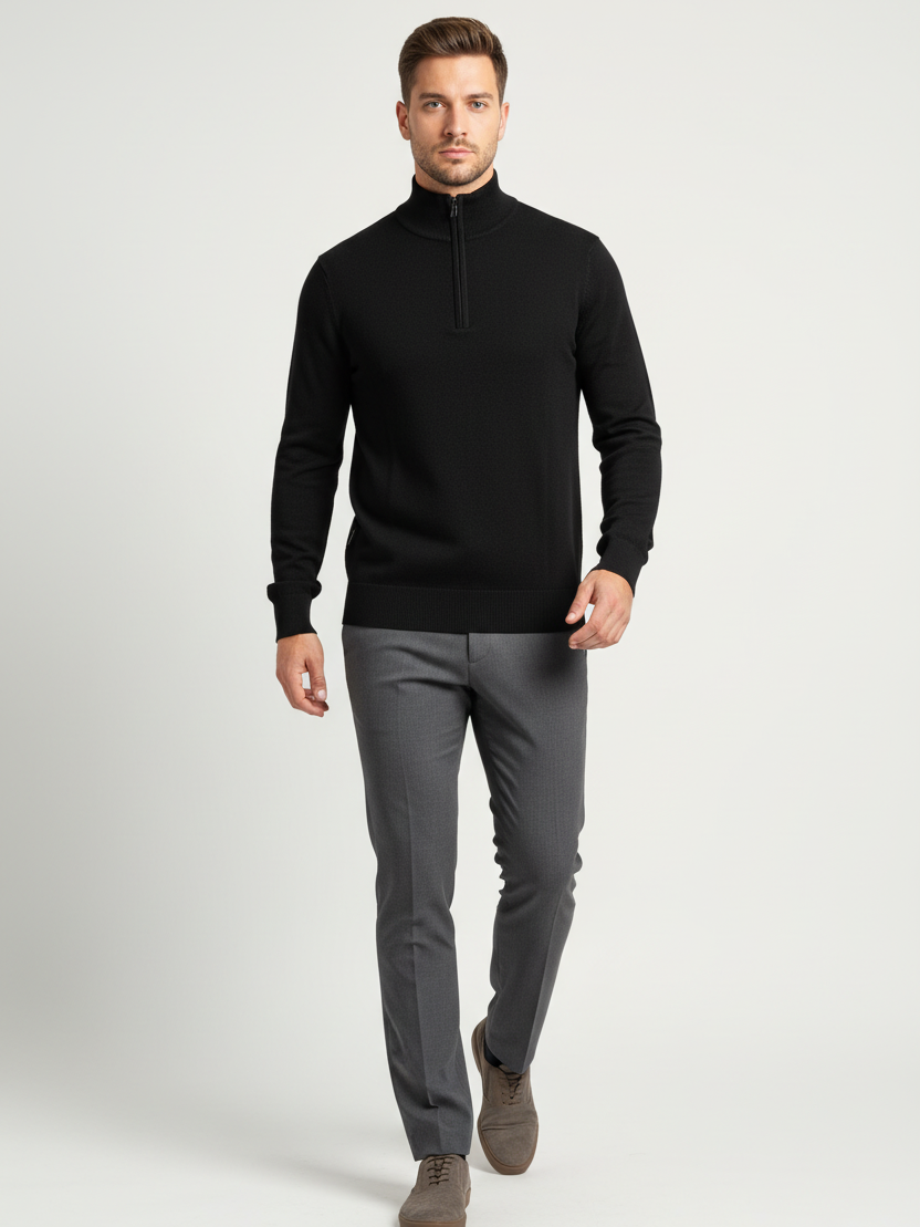 Male model in a walking pose wearing the Wam Denim Sharp black quarter-zip knit sweater