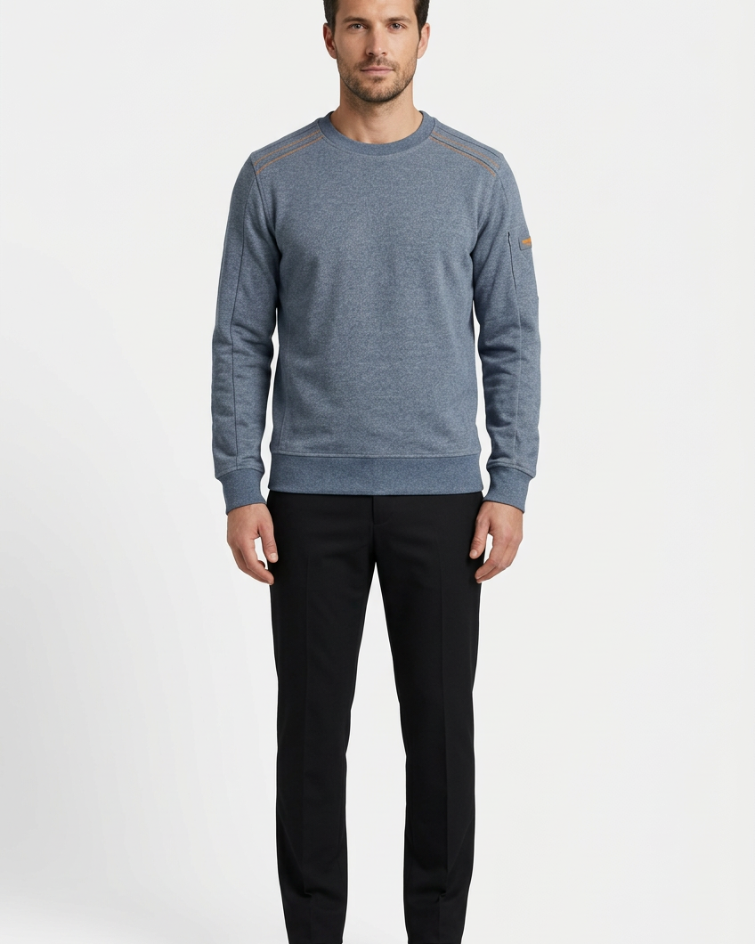 Daelor Blue sweater on model, front view