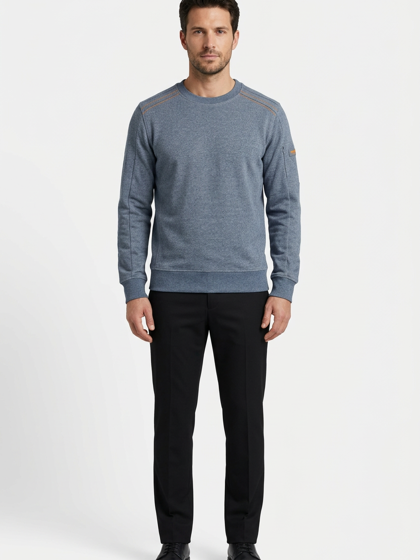 Daelor Blue sweater on model, front view