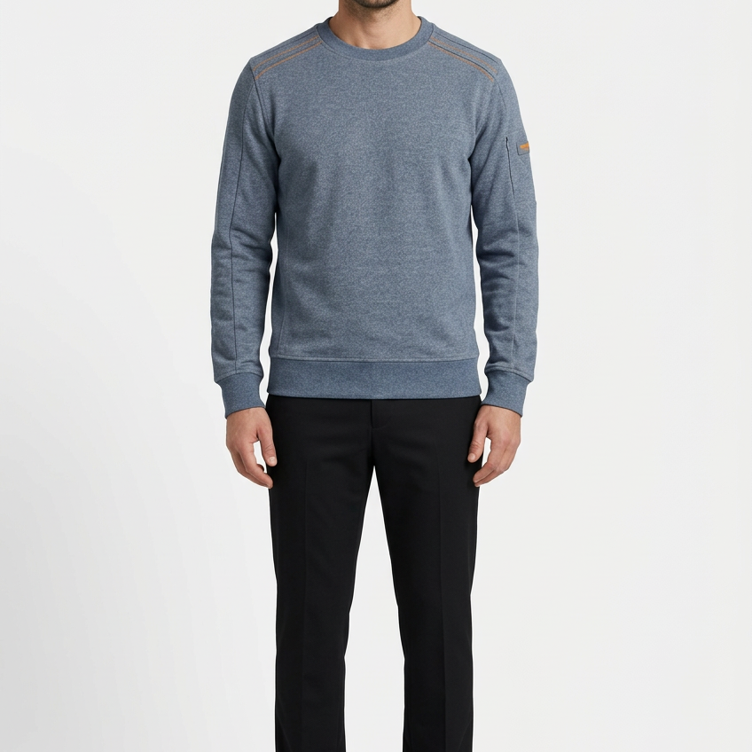 Daelor Blue sweater on model, front view