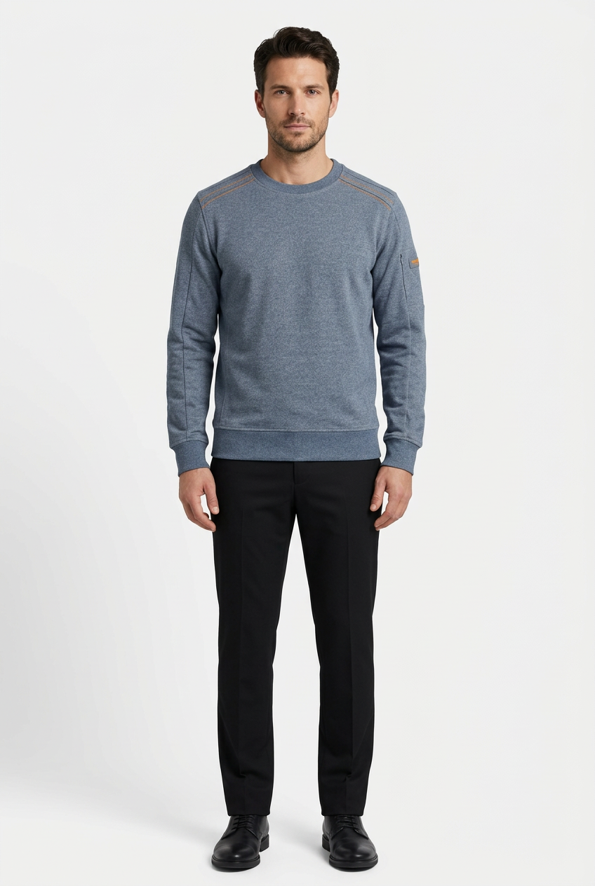 Daelor Blue sweater on model, front view
