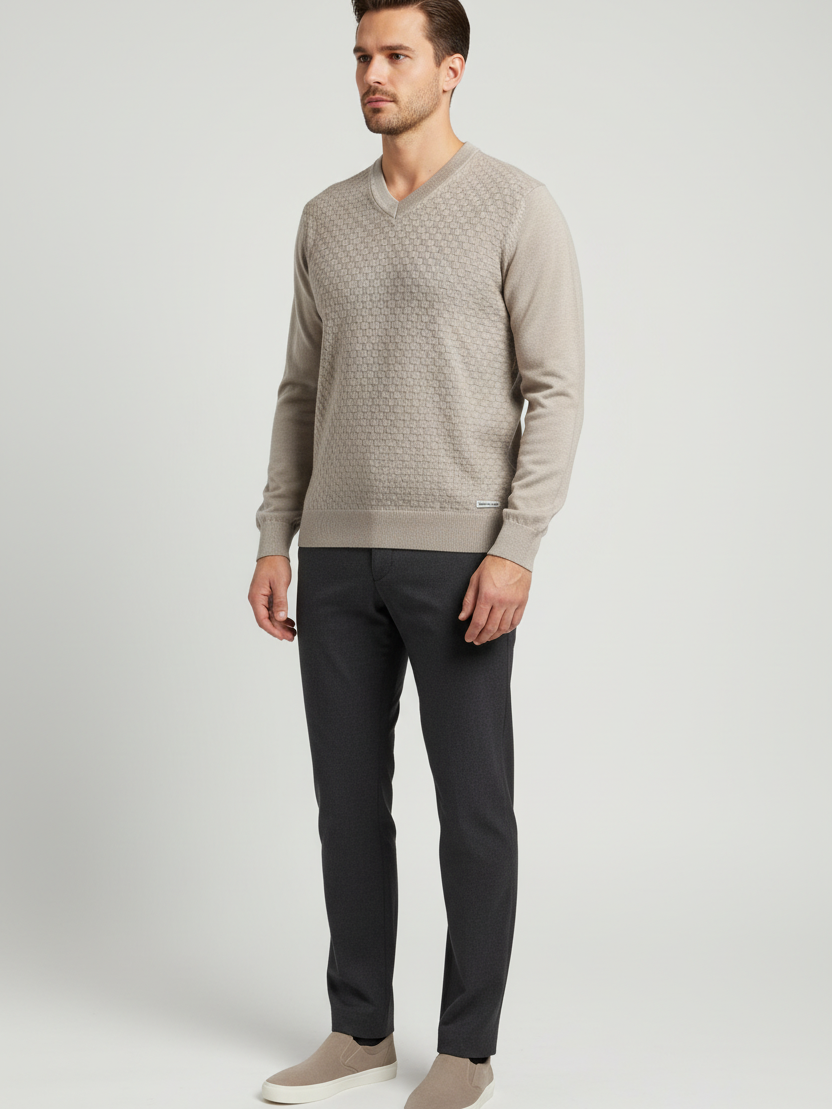 Male model wearing the Forge beige textured V-neck sweater in a three-quarter view