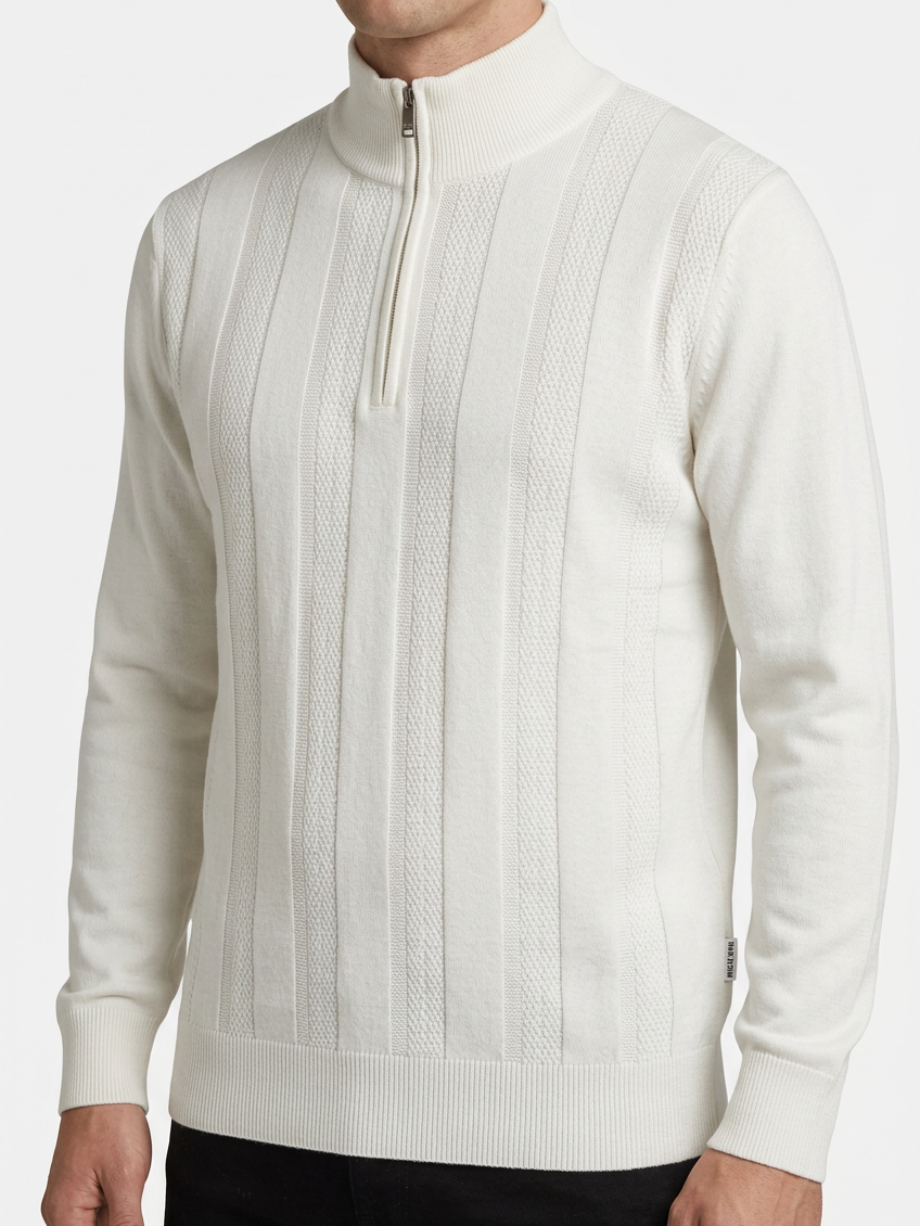 Mist Off White pullover quarter-zip and knit detail on model