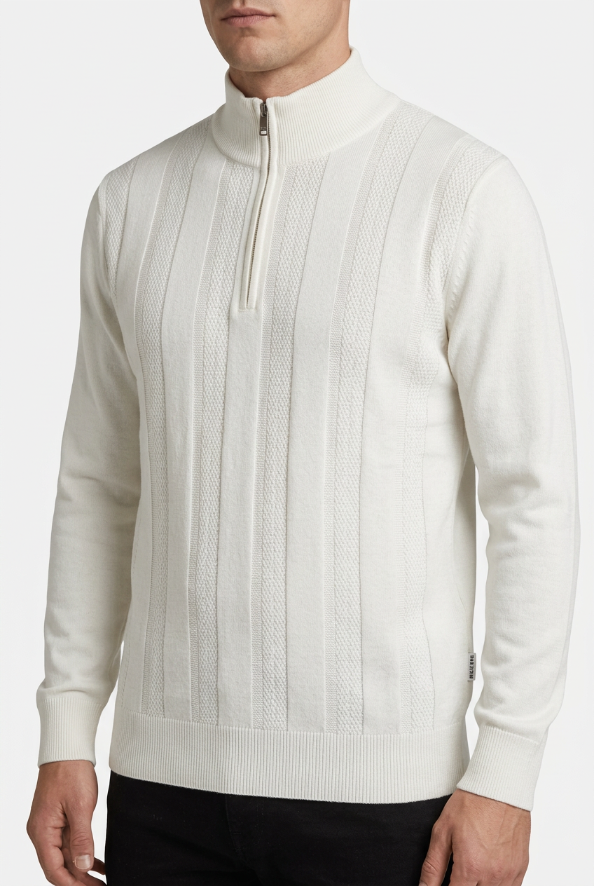 Mist Off White pullover quarter-zip and knit detail on model