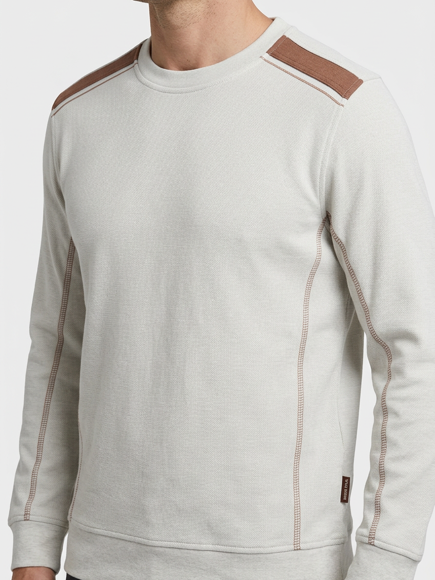 Vurden Grey sweater shoulder panels and stitching detail on model