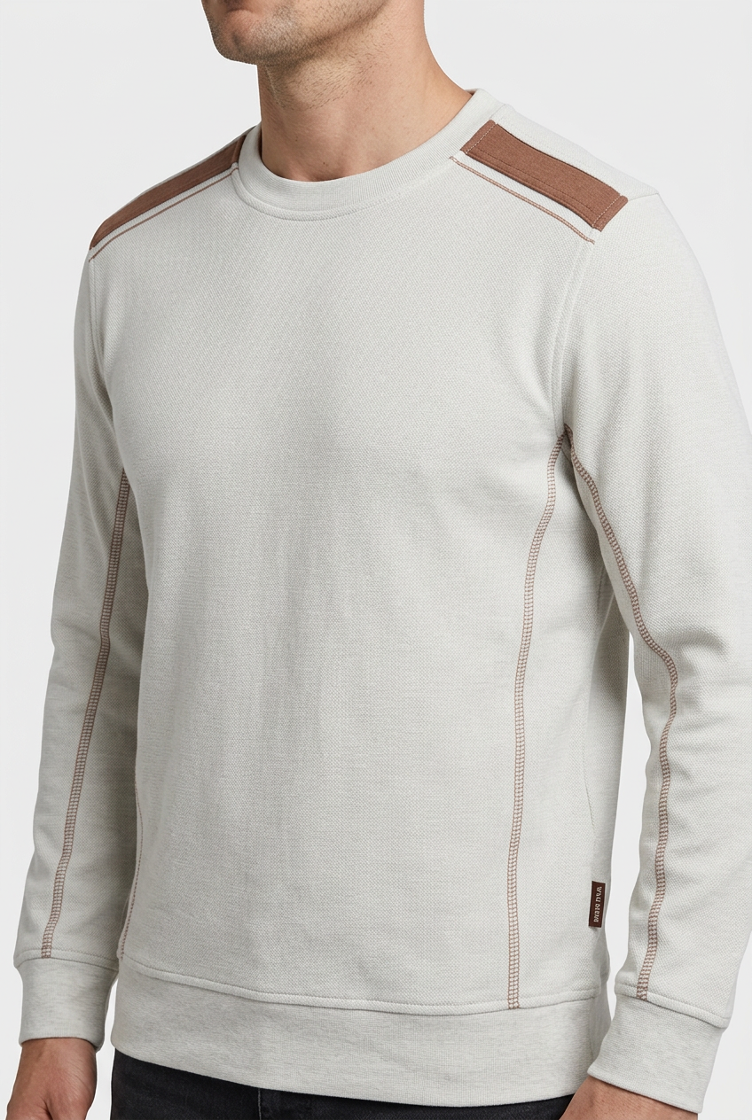 Vurden Grey sweater shoulder panels and stitching detail on model