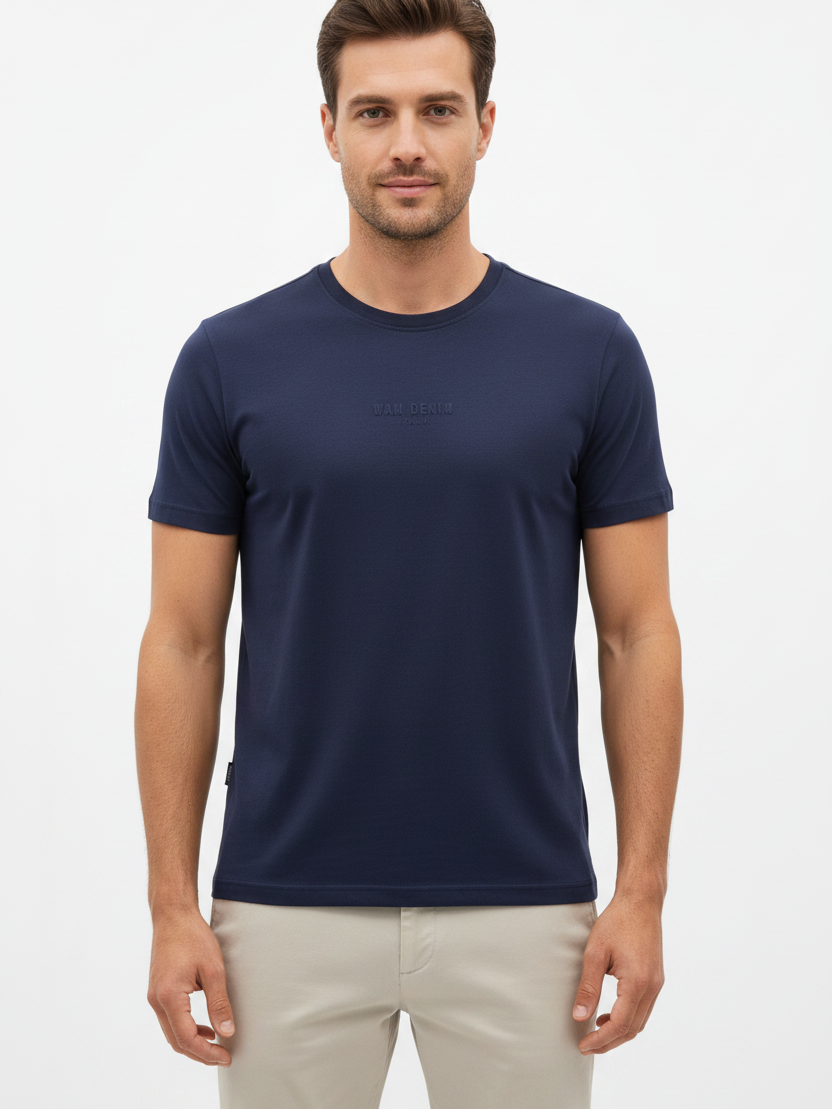 Wam Denim Cromer Navy T-shirt – model front view with size label