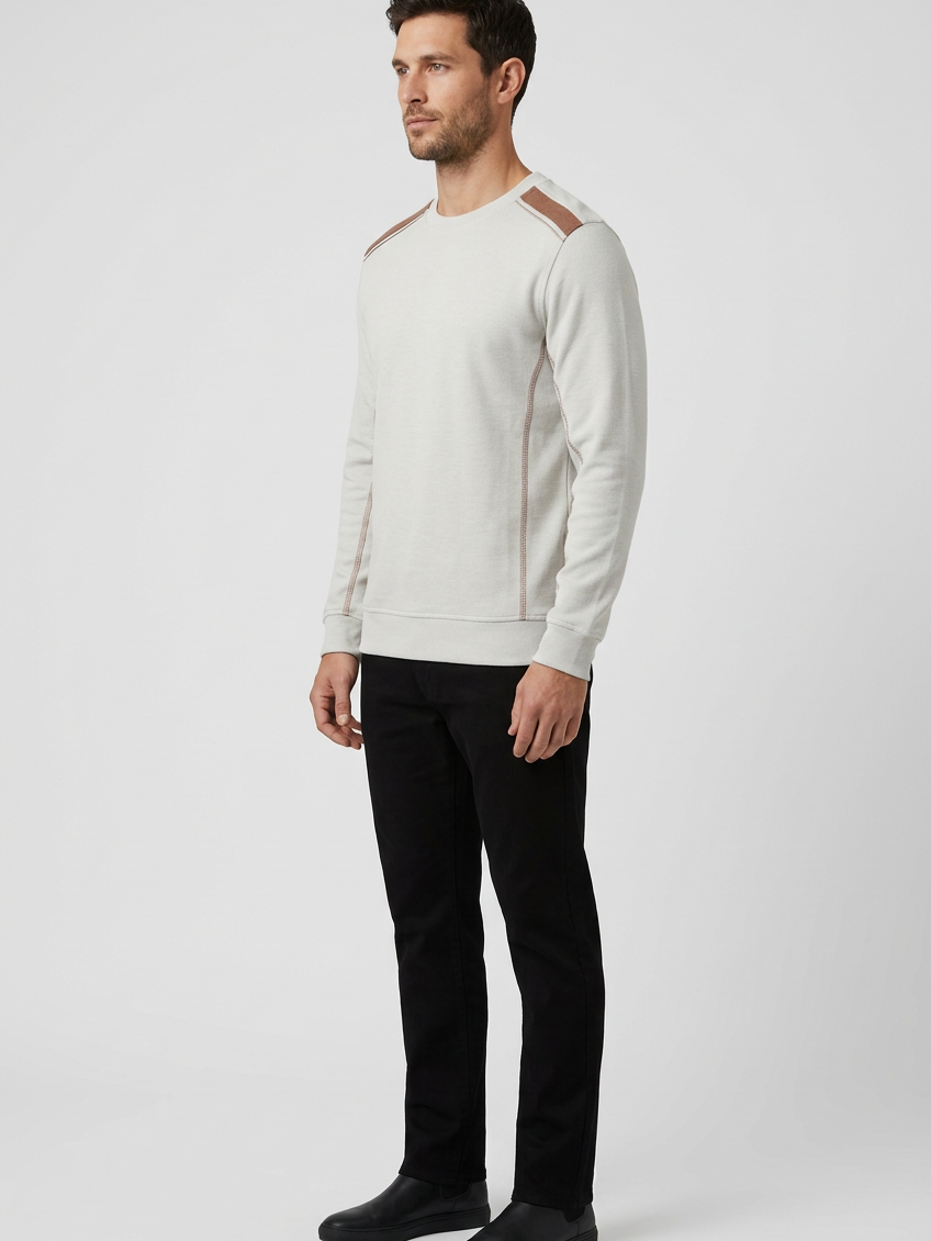 Vurden Grey sweater on model, side view