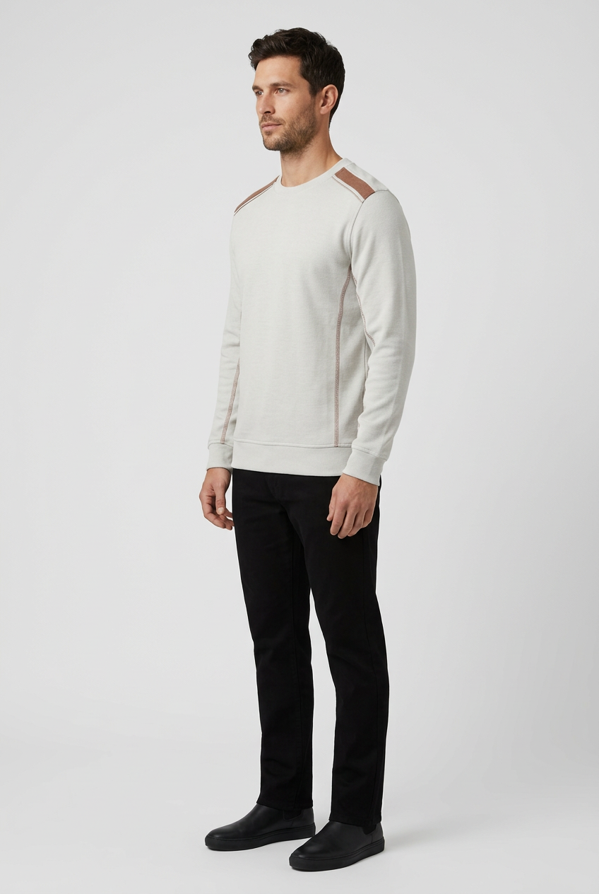 Vurden Grey sweater on model, side view