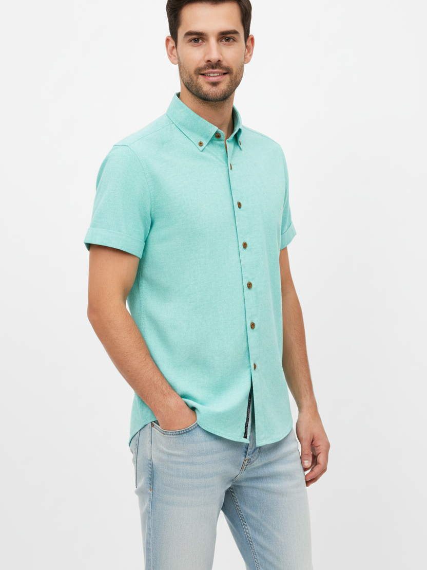 Wam Denim Quarn Turquoise Short Sleeve Shirt – three-quarter view on model, casual style
