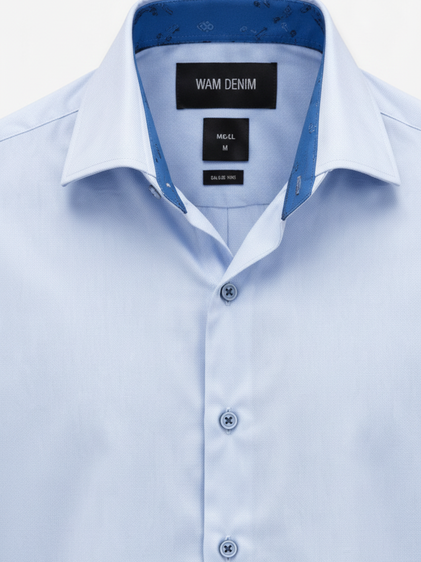 Wam Denim Seldor Blue Shirt – spread collar with white inner lining and navy trim close-up