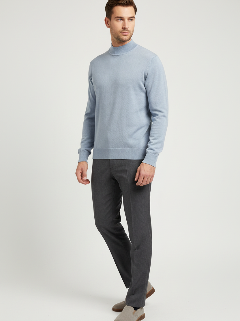 Male model wearing the Lux light-blue mock-neck sweater in a three-quarter view