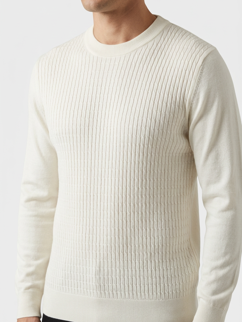 Poise Off White pullover neckline and knit detail on model