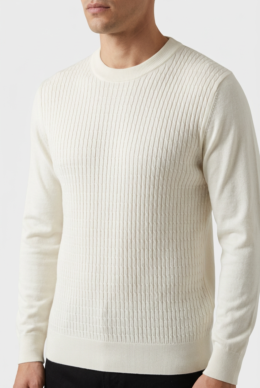 Poise Off White pullover neckline and knit detail on model